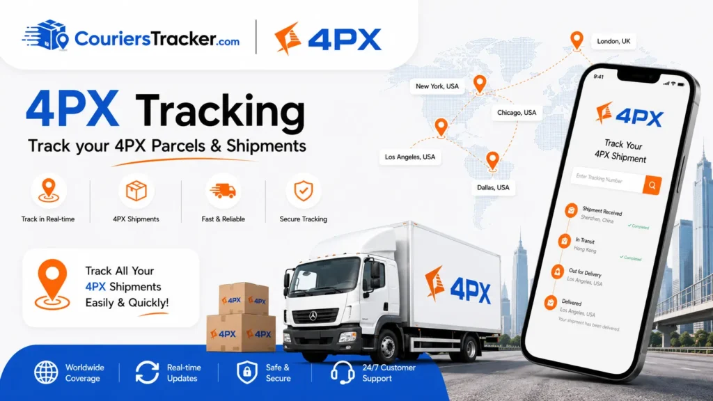 4PX tracking service banner with cross-border parcels, delivery truck, mobile shipment tracker, global map routes, and real-time logistics updates