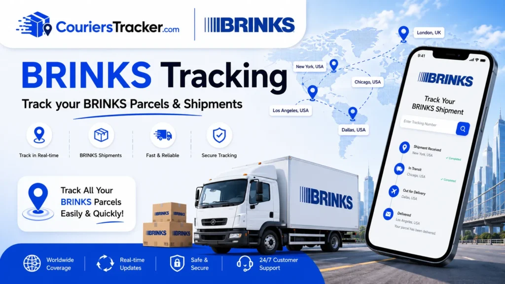 Brinks tracking banner featuring secure delivery vehicle, shipment packages, mobile tracking screen, global route map, and safe parcel tracking updates