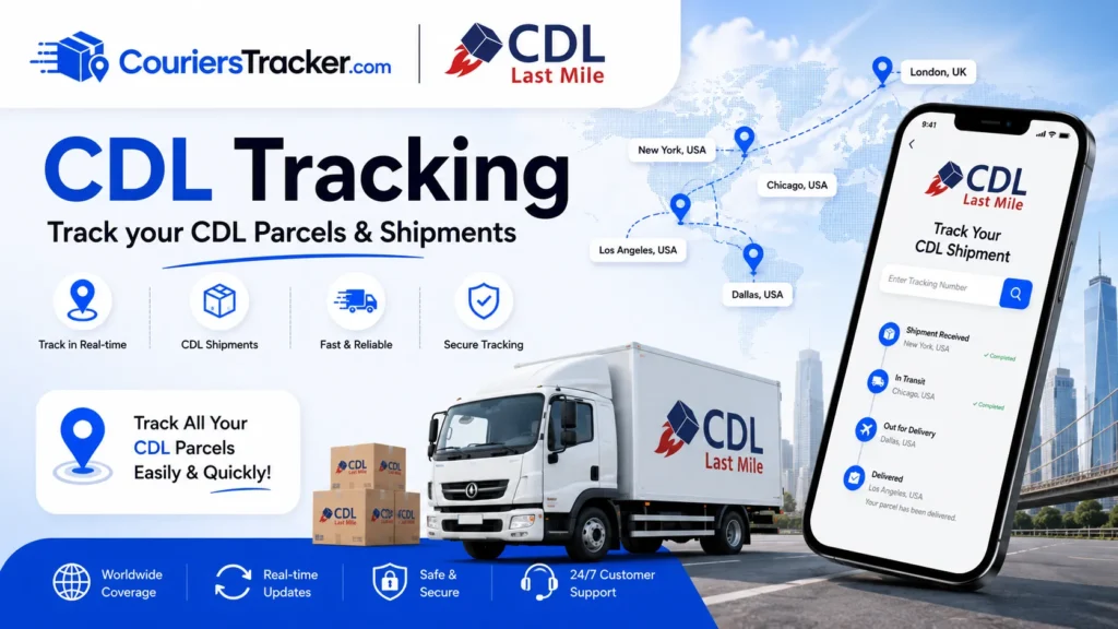 CDL tracking banner showing delivery truck, parcel boxes, mobile tracking app, city route map, and real-time courier shipment updates