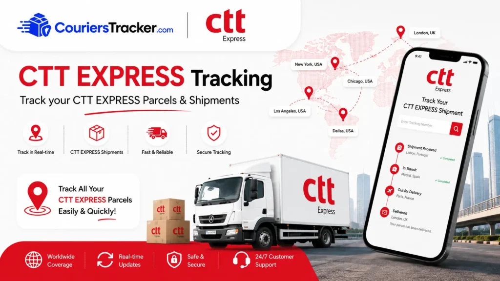 CTT Express tracking service banner with parcel boxes, express delivery truck, mobile shipment tracker, map route pins, and secure delivery updates