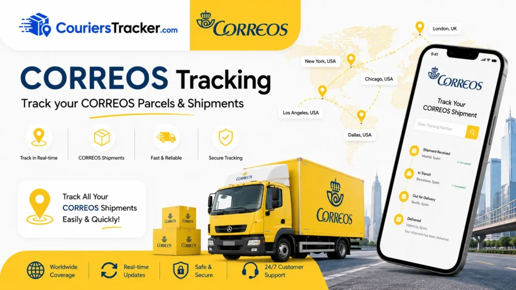 Correos tracking banner showing postal parcels, delivery vehicle, mobile shipment tracking app, map route pins, and real-time mail delivery updates