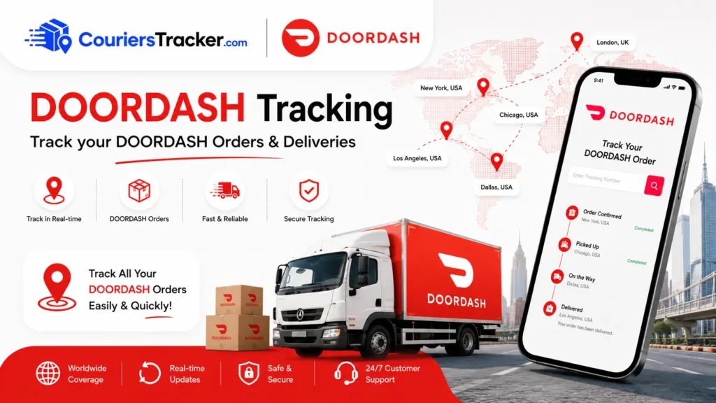 DoorDash tracking banner featuring delivery parcels, courier vehicle, mobile order tracking app, map route pins, and real-time delivery status updates