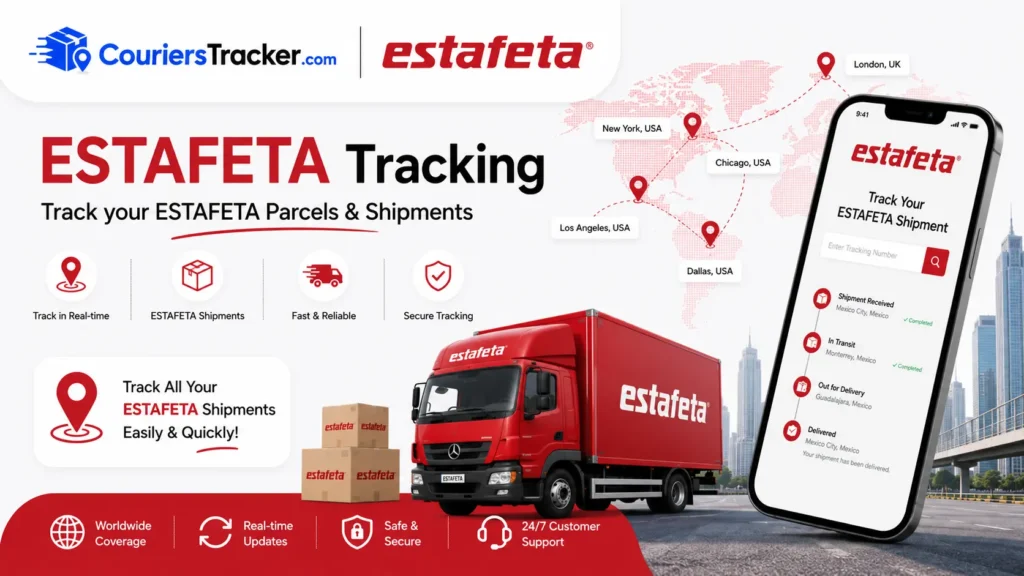 Estafeta tracking banner featuring parcel boxes, courier truck, mobile package tracking app, route map locations, and real-time shipment updates