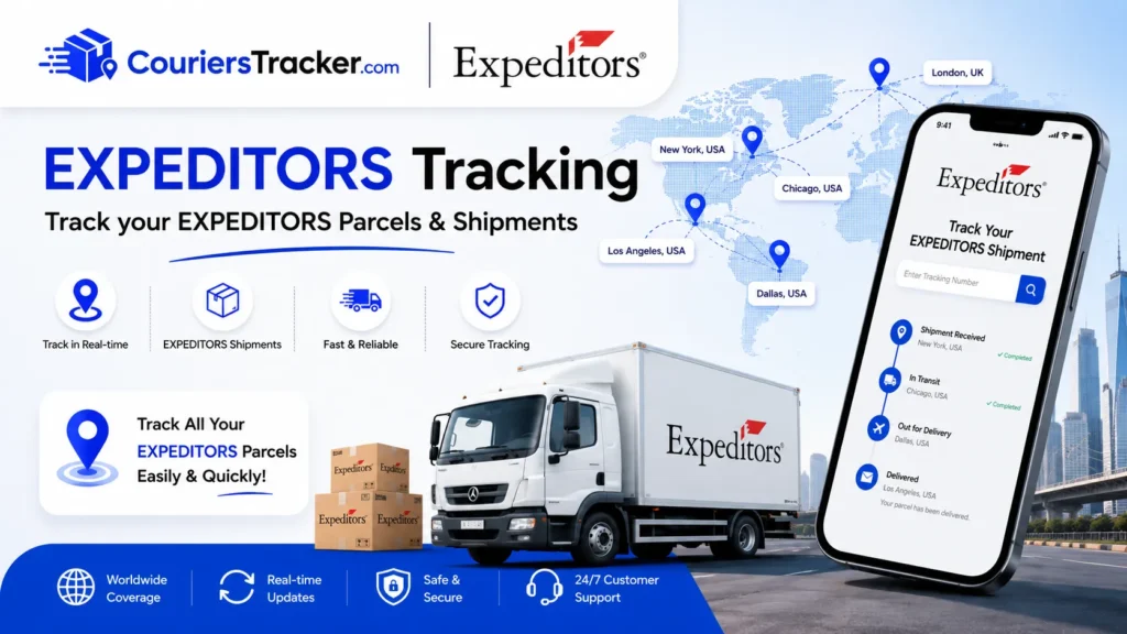 Expeditors tracking banner featuring global logistics routes, freight shipment boxes, delivery truck, mobile tracking app, and worldwide cargo updates