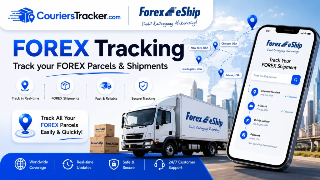 FOREX tracking service banner with courier parcels, delivery vehicle, mobile tracking screen, global route map, and secure shipment updates