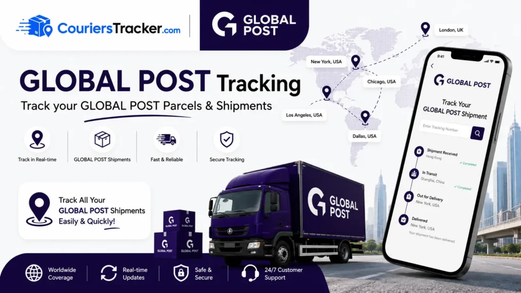 Global Post tracking banner featuring international mail parcels, delivery vehicle, mobile package tracking app, worldwide route map, and real-time shipping updates