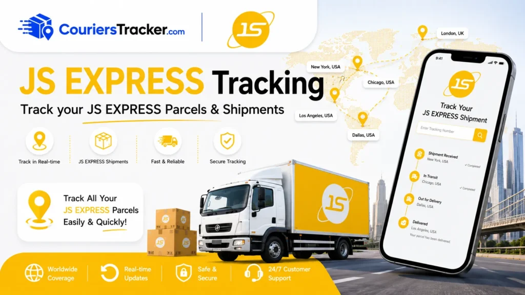 JS Express tracking service banner with courier parcels, delivery truck, mobile shipment tracker, route map pins, and fast package status updates