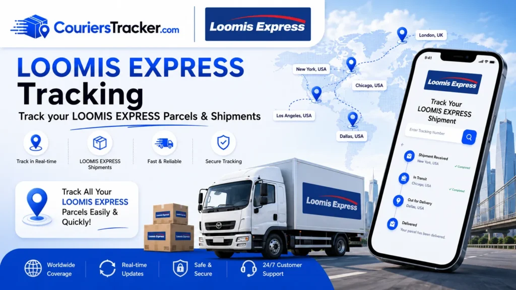 Loomis Express tracking banner featuring express delivery truck, parcel boxes, mobile shipment tracking screen, route map pins, and secure delivery updates