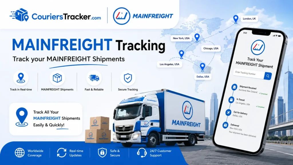 Mainfreight tracking banner showing freight truck, shipment boxes, mobile logistics tracking app, global route map, and real-time cargo updates