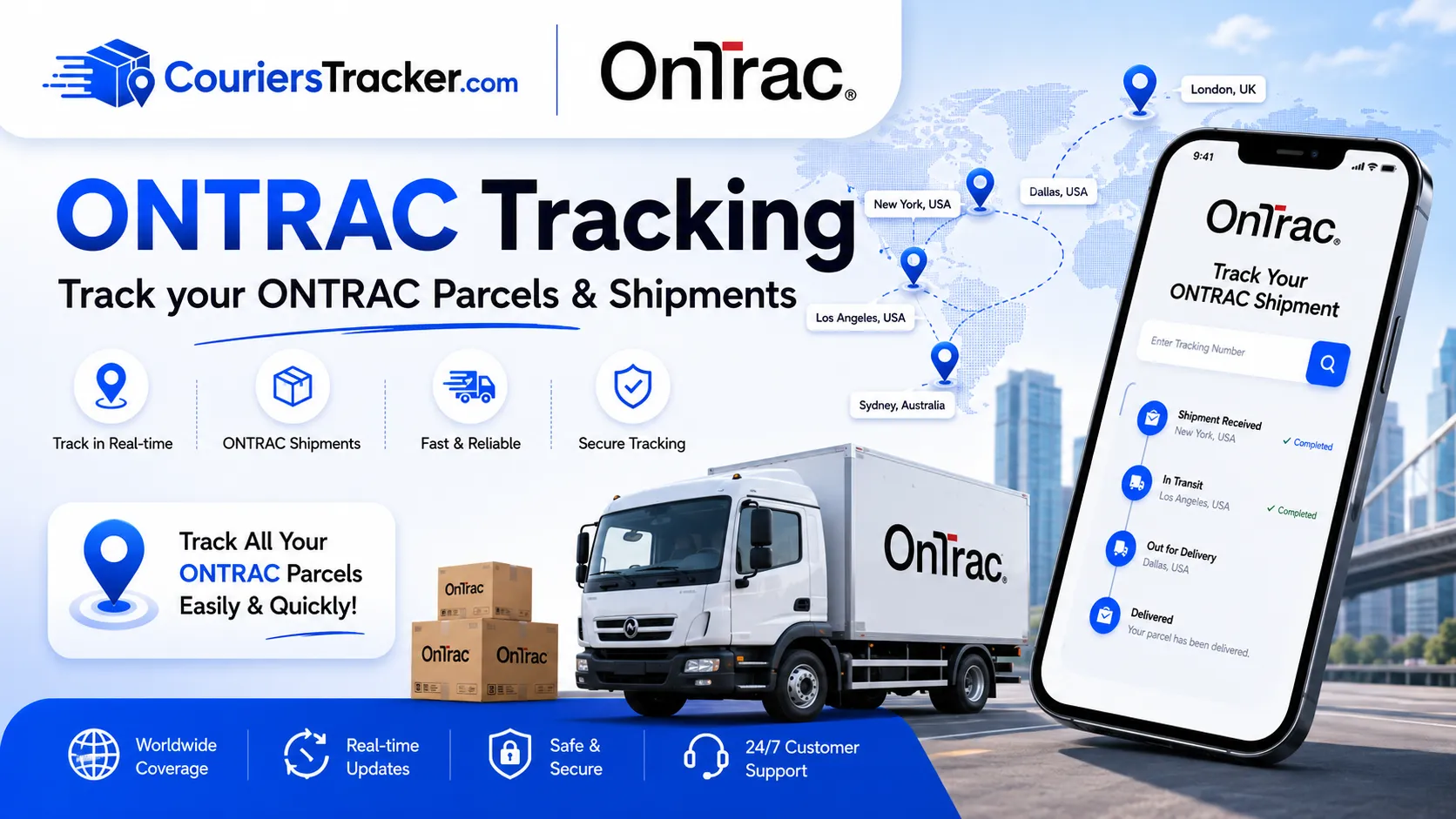 OnTrac tracking banner featuring delivery parcels, courier truck, mobile tracking app, location map routes, and fast package delivery updates