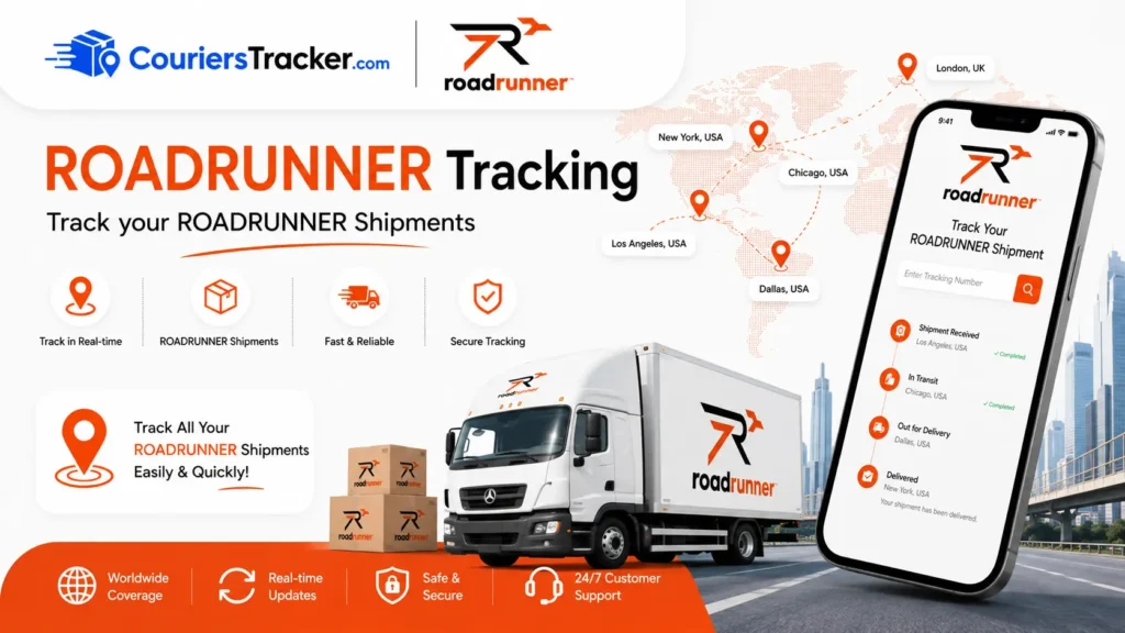 Roadrunner tracking banner featuring freight delivery truck, shipment packages, mobile tracking screen, route map locations, and real-time logistics updates