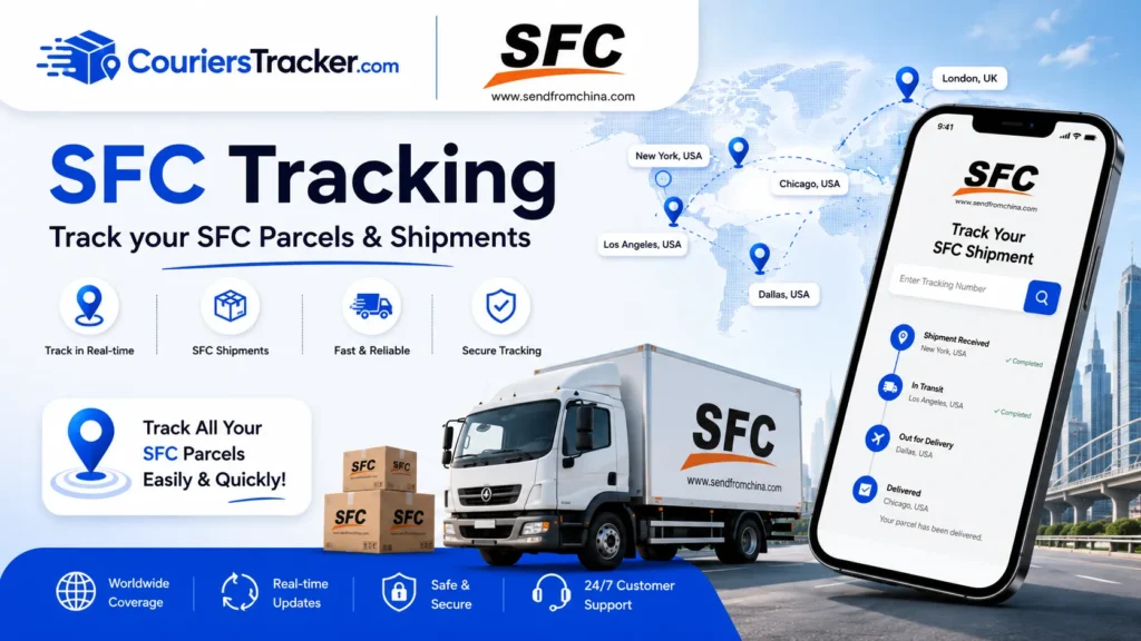 SFC tracking service banner with international parcels, courier delivery truck, mobile shipment tracker, global map pins, and real-time order updates