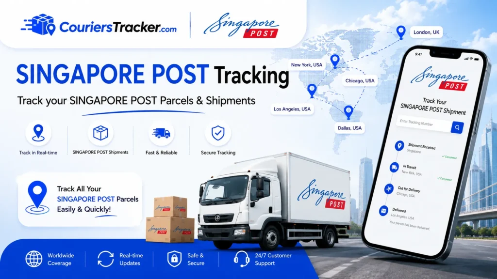 Singapore Post tracking banner with postal parcels, delivery vehicle, mobile package tracker, international route map, and real-time mail shipment updates