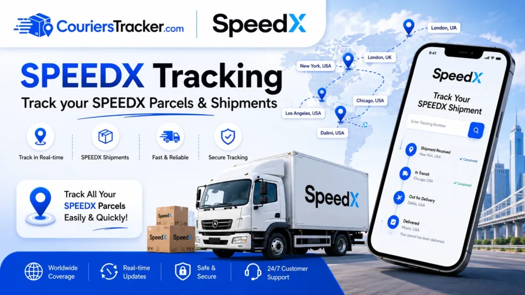 SpeedX Tracking banner showing a delivery truck, parcel boxes, mobile shipment tracking app, world map route pins, and real-time shipment updates