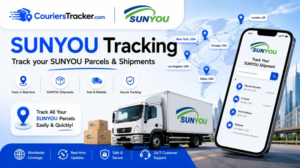 SunYou tracking banner showing cross-border parcels, delivery truck, mobile package tracking app, worldwide route map, and shipment status updates