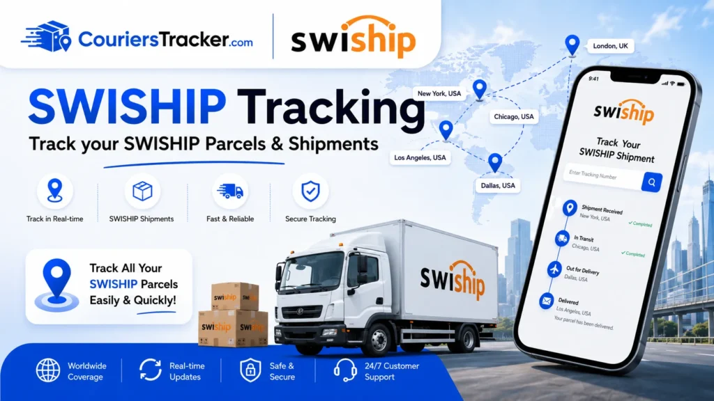 Swiship tracking banner showing delivery parcels, courier vehicle, mobile tracking app, map location pins, and real-time shipment progress updates
