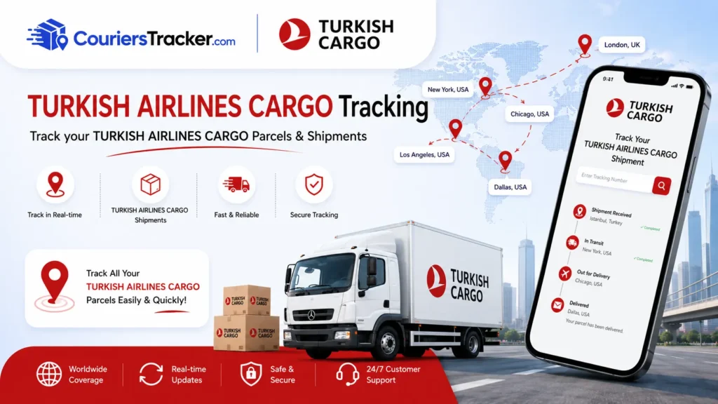 Turkish Airlines Cargo tracking banner showing air cargo shipments, delivery truck, mobile cargo tracking app, global map routes, and real-time freight updates