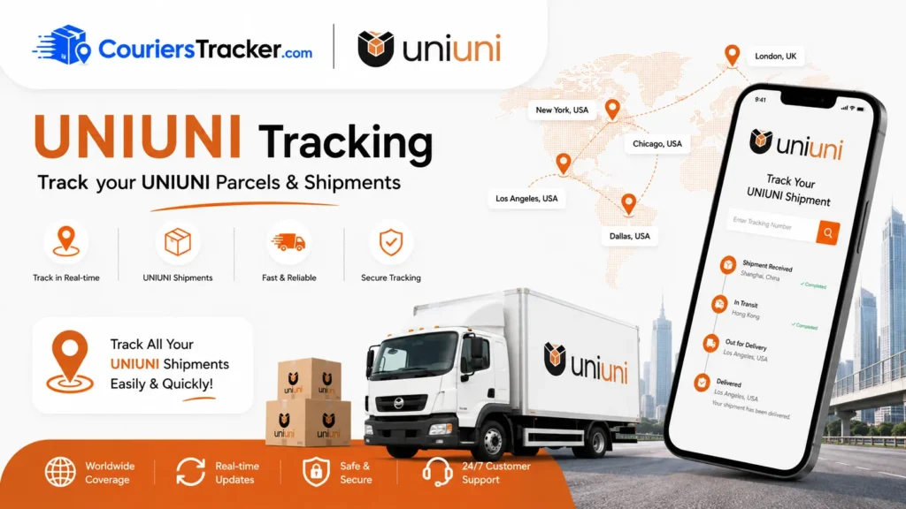 UniUni tracking banner showing delivery parcels, courier vehicle, mobile tracking screen, map route pins, and fast package status updates