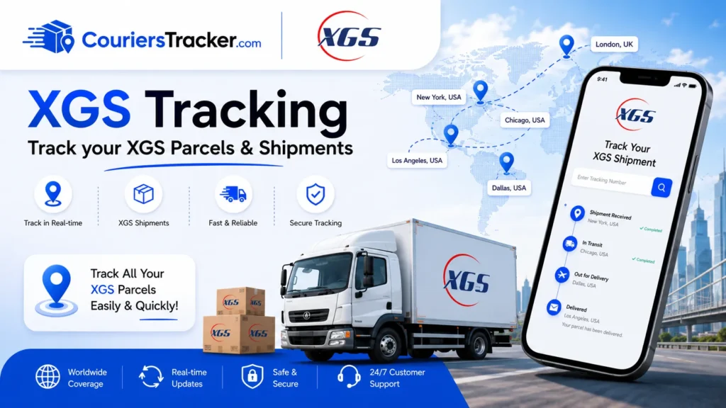 XGS tracking service banner with freight truck, shipment boxes, mobile tracking app, map route locations, and real-time logistics updates