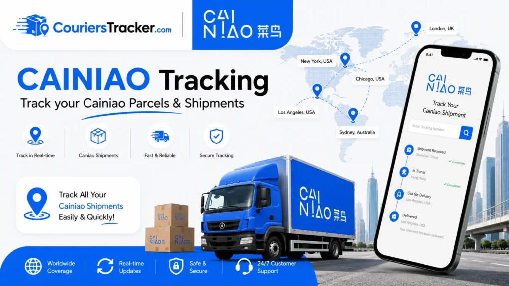 Cainiao tracking banner showing cross-border parcels, delivery truck, mobile shipment tracking app, global route map, and real-time package updates