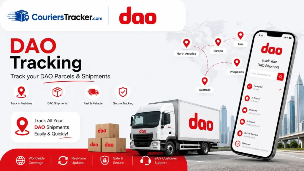 DAO tracking banner showing delivery parcels, courier vehicle, mobile tracking app, map route pins, and real-time shipment delivery updates