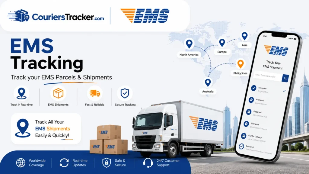 EMS tracking service banner with express mail parcels, delivery truck, mobile shipment tracker, global route routes, and fast package status updates
