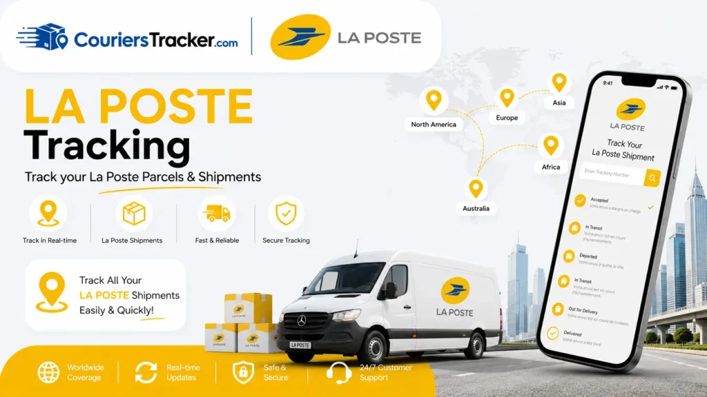 La Poste tracking banner featuring postal packages, delivery vehicle, mobile shipment tracking app, route map locations, and real-time parcel updates