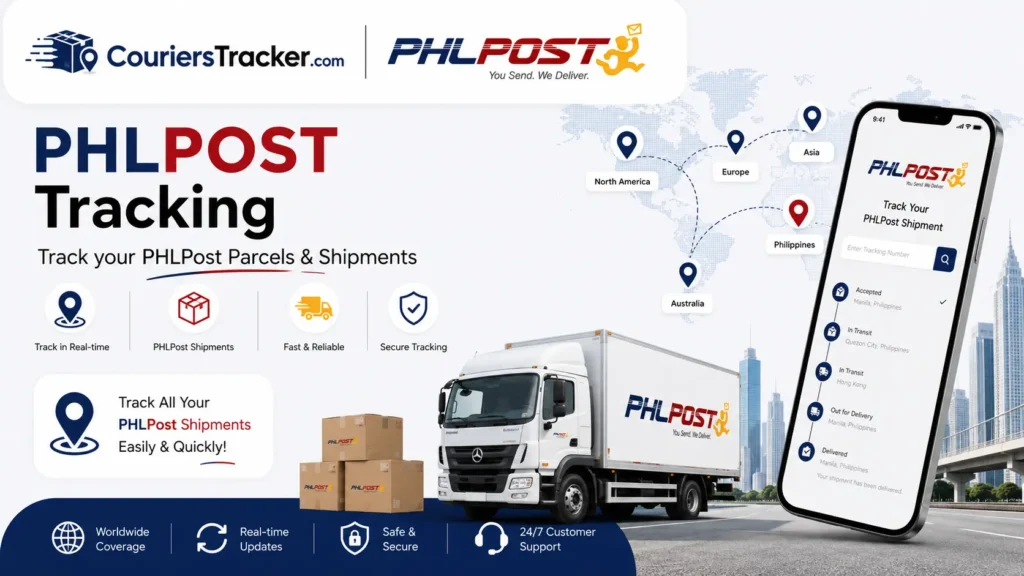 PHLPost tracking banner featuring postal parcels, delivery vehicle, mobile package tracking screen, route map pins, and real-time mail delivery updates