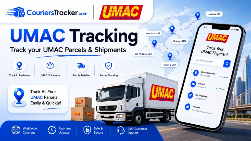 UMAC tracking banner showing parcel boxes, delivery truck, mobile shipment tracking app, map route pins, and real-time package update features